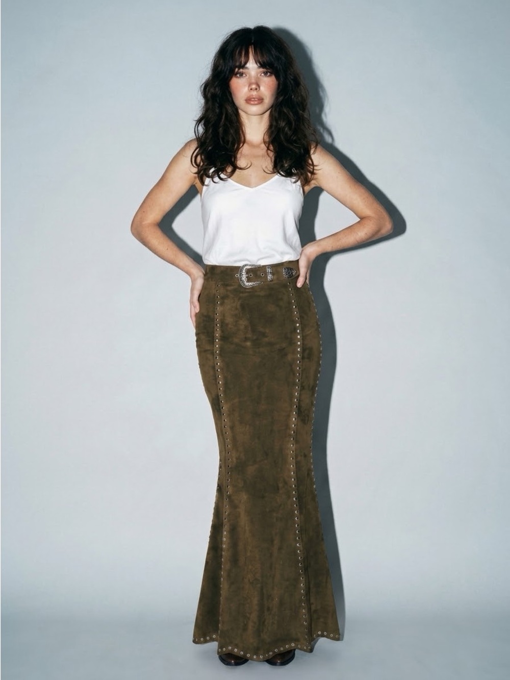A559. Olive Suede Eyelet-Trim Maxi Skirt